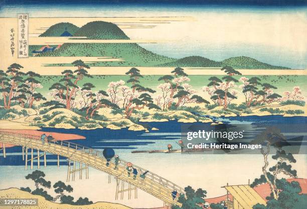 Togetsu Bridge at Arashiyama in Yamashiro, from the series Remarkable Views of Bridges in Various Provinces , circa 1830. Artist Hokusai.