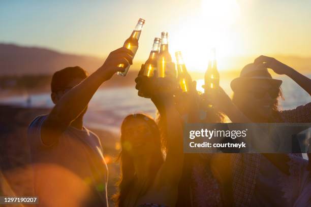 grupp ungdomar som festar på stranden vid solnedgången. - beer summer bildbanksfoton och bilder