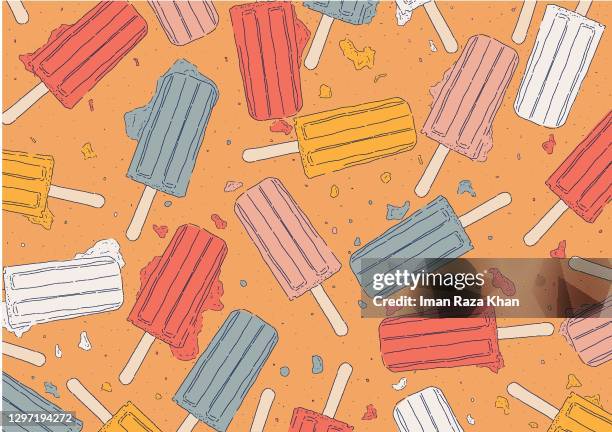 tropischee eis-popsicles auf einem chaotischen hintergrund - flavored ice stock-grafiken, -clipart, -cartoons und -symbole