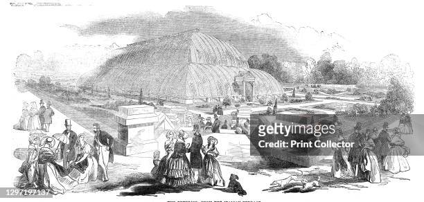 The great Chatsworth Conservatory - the exterior, from the Italian Terrace, 1844. View of the enormous glasshouse at Chatsworth House in Derbyshire....