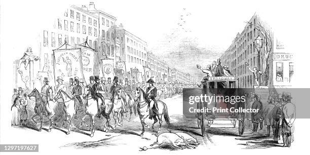 Great Whig Procession, at New York, 1844. Crowds line the streets as a mounted procession carries banners through the city: 'a Whig procession in New...