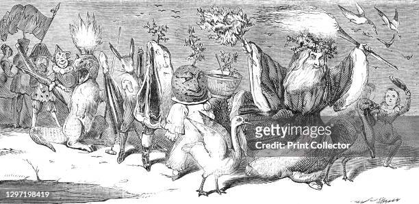 Christmas, by Alfred Crowquill, 1844. Father Christmas, carrying a flaming torch, leads a procession including a goose, a plum pudding garnished with...