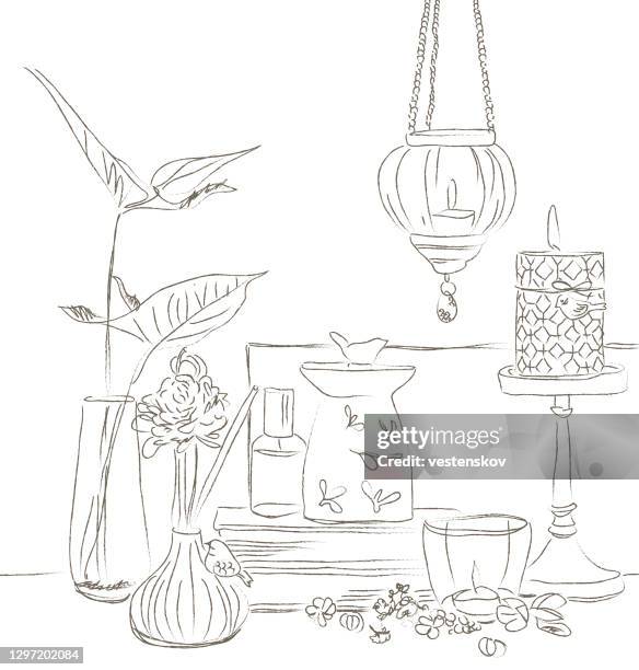 sketch style elegant home decoration fragrance drawing - reed diffuser stock illustrations