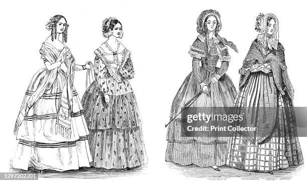 Fashions for August, 1844. '1. A paille de riz hat ornamented with flowers and a veil. A polka mantelet of changeable silk trimmed with fringe. A...