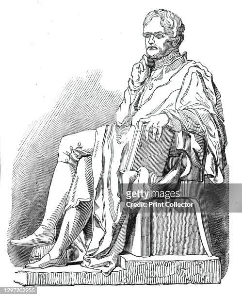 Statue of the late Dr. Dalton, 1844. Sculpture by Sr Francis Chantrey of British chemist and physicist John Dalton. From "Illustrated London News"...