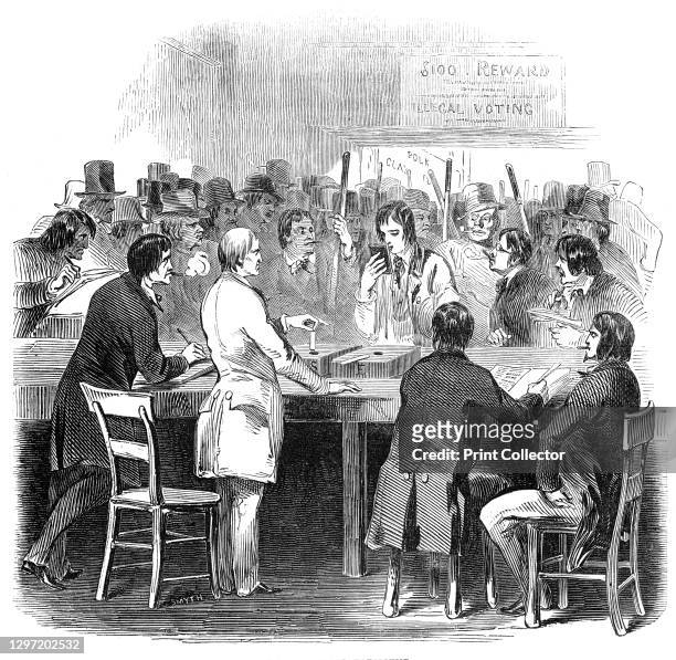Balloting for president, 1844. Presidential elections in the USA. "The ballot-boxes were placed on a long table, at which half a dozen of the...