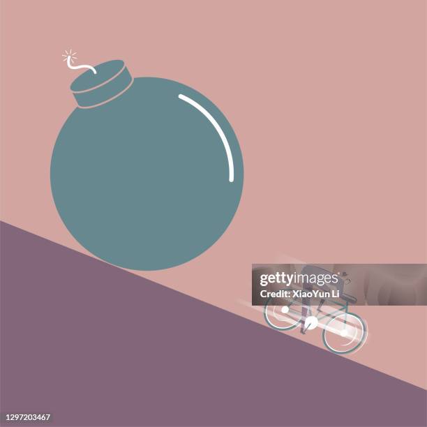 a businessman ran away on a bicycle in front of the falling bomb. - li xiao ran stock illustrations