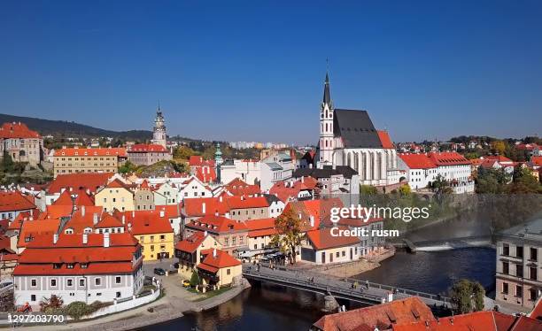 rooftop view of old town cesky krumlov, south bohemia, czech republic - st jost church stock pictures, royalty-free photos & images
