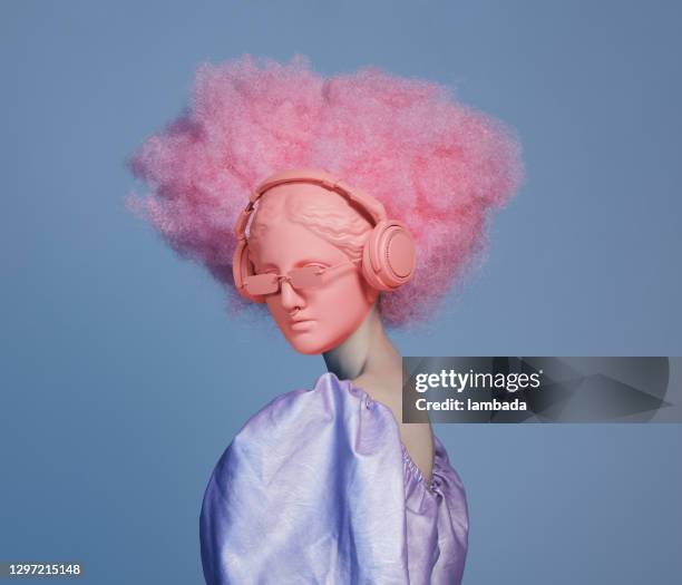 collage with woman and greek goddess wearing headphones - crazy party imagens e fotografias de stock