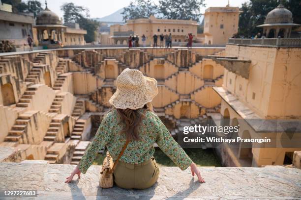 tourist step well near jaipur - stepwell india stock pictures, royalty-free photos & images