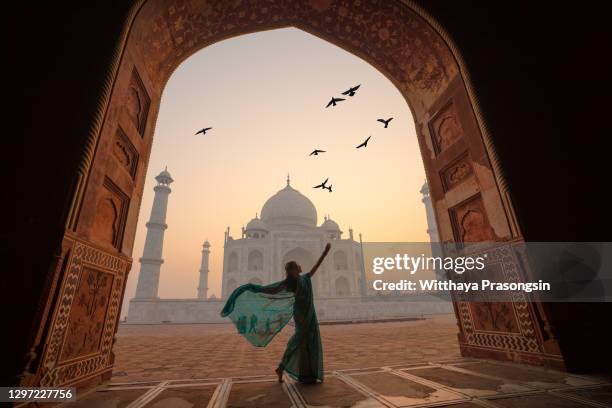 portrait of young woman in red saree indian traditional dress in the taj mahal, agra, india - dancer india stock pictures, royalty-free photos & images