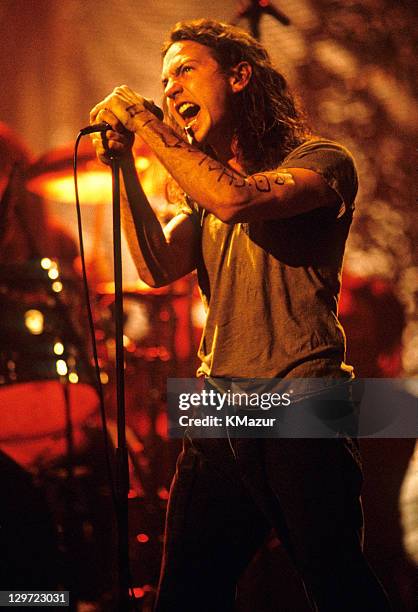 Eddie Vedder of Pearl Jam performs during Pearl Jam: MTV Unplugged at Kaufman Astoria Studios on March 16, 1992 in New York City.