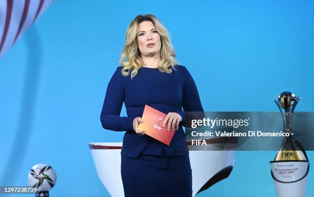 Jessica Libbertz is seen presenting during the FIFA Club World Cup Qatar 2020 Draw on January 19, 2021 in Zurich, Switzerland.