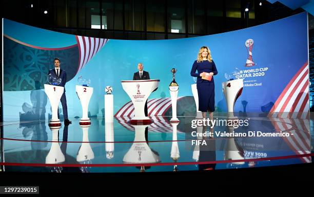 Diego Benaglio, Jaime Yarza and Jessica Libbertz are seen on stage during the FIFA Club World Cup Qatar 2020 Draw on January 19, 2021 in Zurich,...