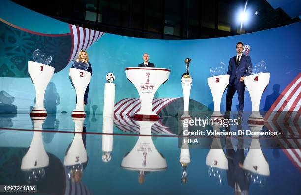 Jaime Yarza, Diego Benaglio and Jessica Libbertz for a photograph after the FIFA Club World Cup Qatar 2020 Draw on January 19, 2021 in Zurich,...
