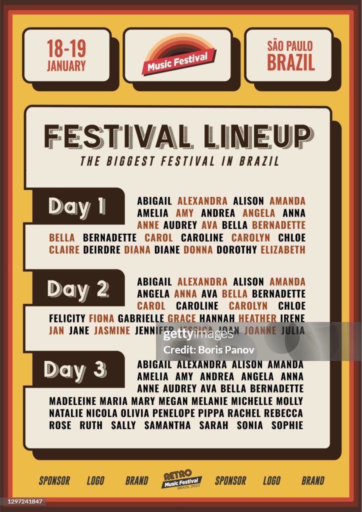 Retro Lineup Flyer or Poster Template for Music Festival or Nightclub Party Event Promo Banner in Vintage Yellow and Orange Colors