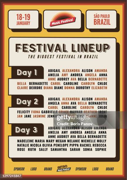 retro lineup flyer or poster template for music festival or nightclub party event promo banner in vintage yellow and orange colors - film festival concept stock illustrations