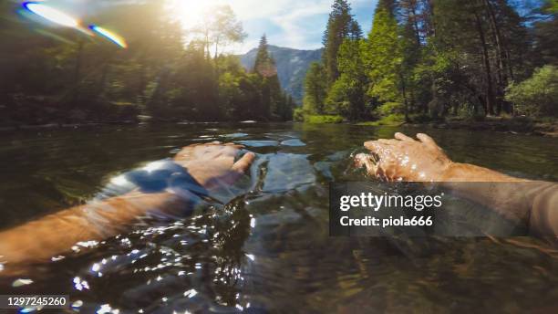 pov di un uomo che nuota nel fiume merced di yosemite - videocamera indossabile foto e immagini stock