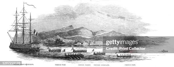 The French Blockade of Tahiti: Uranie, French Frigate; French Fort; French Prison; British Consulate; French Fort, 1844. '...the blockade of Tahiti...