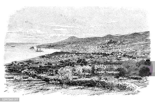 the bay of funchal seen from the east - east bay stock illustrations