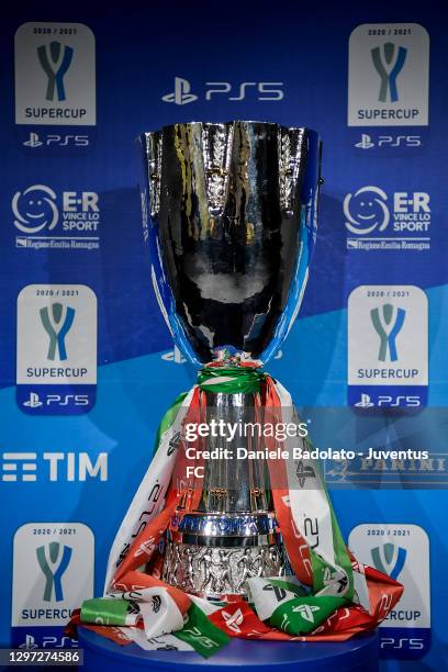 The trophy during a Juventus Press Conference ahead of the Italian PS5 Supercup match between Juventus and SSC Napoli at Mapei Stadium - Citta' del...