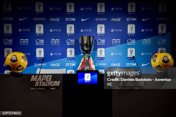 The trophy during a Juventus Press Conference ahead of the Italian PS5 Supercup match between Juventus and SSC Napoli at Mapei Stadium - Citta' del...