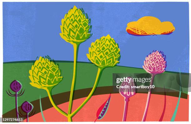 countryside scene with wild flowers and seed heads - linocut stock illustrations