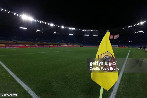 General view of a corner flag inside of the stadium ahead of the Coppa Italia match between AS Roma and AC Spezia at Olimpico Stadium on January 19,...