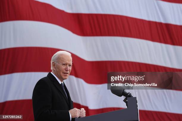 One day before being inaugurated as the 46th president of the United States, President-elect Joe Biden delivers remarks at the Major Joseph R. "Beau"...