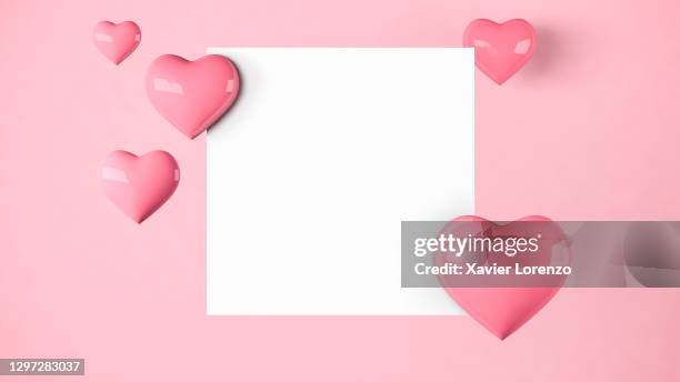 san valentines day background 3d rendering. pink heart balloons and piece of paper in pink background - heart shape 3d stock pictures, royalty-free photos & images