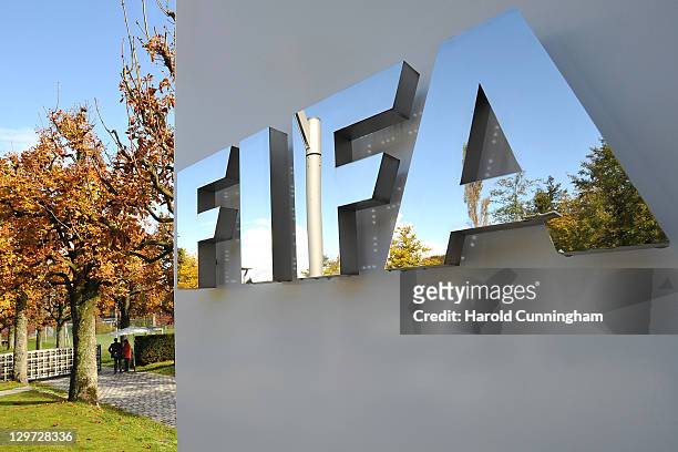 The FIFA logo is seen outside the FIFA headquarters prior to the FIFA Executive Committee Meeting on October 20, 2011 in Zurich, Switzerland. During...