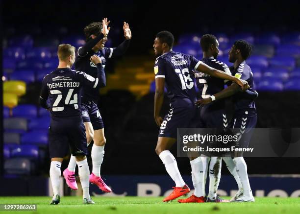 Simeon Akinola of Southend United celebrating his teams first goal with Sam Hart of Southend United during the Sky Bet League Two match between...