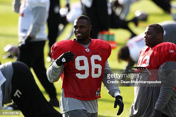 Tim Crowder smiles at the Tampa Bay Buccaneers Training Session held at Pennyhill Park on October 20, 2011 in Bagshot, England.