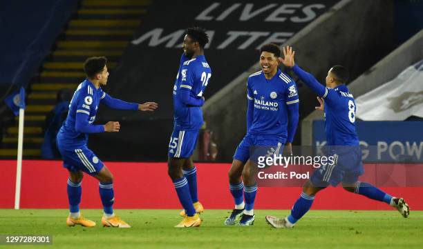 Wilfred Ndidi of Leicester City celebrates with team mates James Justin, Wesley Fofana and Youri Tielemans after scoring their side's first goal...