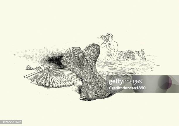 victorian fish scale corset , 1890s, mermaid - corset stock illustrations