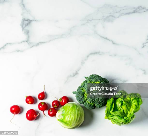 fresh vegetables (radish, cabbage, broccoli and lettuce) on white background - broccoli white background stock pictures, royalty-free photos & images