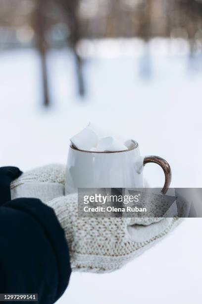 hands in white mittens hold a cup with marshmallows - mitten foto e immagini stock
