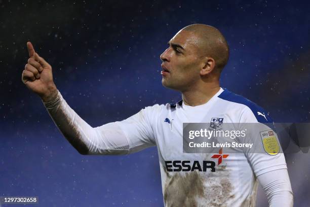 James Vaughan of Tranmere Rovers reacts during the Sky Bet League Two match between Tranmere Rovers and Forest Green Rovers at Prenton Park on...