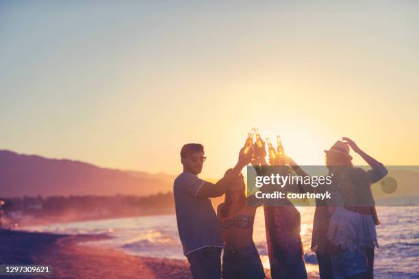 group of young people partying on the beach at sunset. - friends sunset imagens e fotografias de stock
