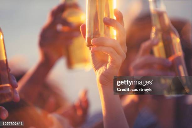 group of young people partying on the beach at sunset. - summer refreshment stock pictures, royalty-free photos & images