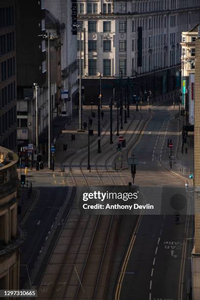 General view of a quiet High Street during the national lockdown on March 30, 2020 in Manchester, United Kingdom. The Coronavirus pandemic has spread...