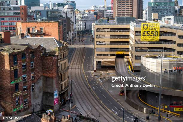 General view of a quiet High Street beside the Manchester Arndale during the national lockdown on March 30, 2020 in Manchester, United Kingdom. The...