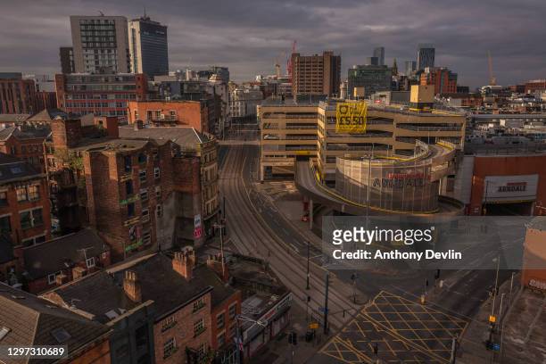 General view of a quiet High Street beside the Manchester Arndale during the national lockdown on March 30, 2020 in Manchester, United Kingdom. The...