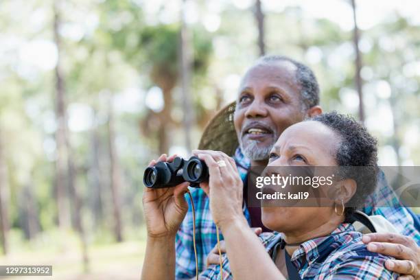 senior african-american couple bird watching - woman look straight black shirt stock pictures, royalty-free photos & images