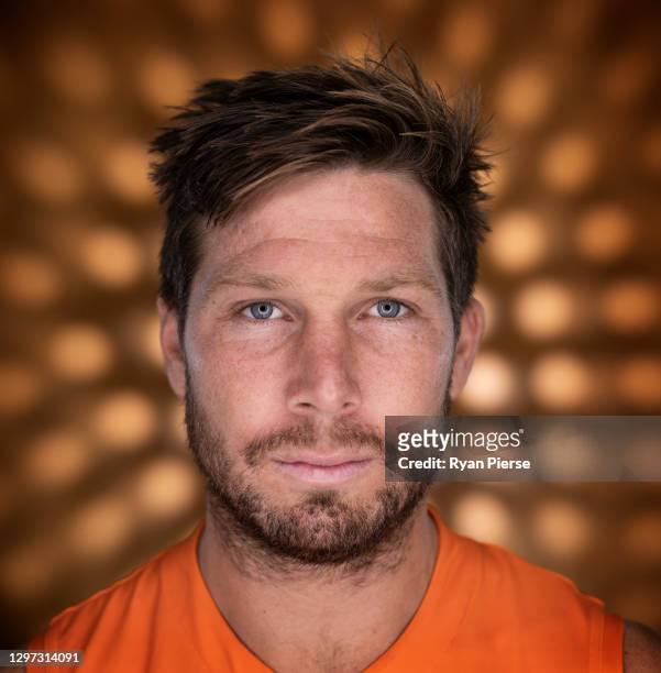 Toby Greene of the Giants poses during the GWS Giants AFL portrait session on January 19, 2021 in Sydney, Australia.