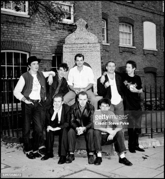 Irish folk-punk group The Pogues outside the Rak recording studio in St. John's Wood, London, 9th March 1989. Standing, left to right: Spider Stacy,...