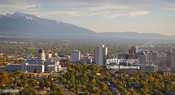 Mountains frame the skyline of Salt Lake City, Utah, U.S., on on Wednesday, Oct. 12, 2011. Dallin H. Oaks, a member of the governing body of the...