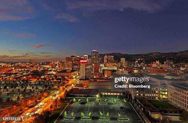Buildings stand in the skyline of Salt Lake City, Utah, U.S., on Thursday, Oct. 13, 2011. Dallin H. Oaks, a member of the governing body of the...