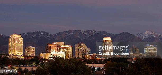 Mountains frame the skyline of Salt Lake City, Utah, U.S., on on Wednesday, Oct. 12, 2011. Dallin H. Oaks, a member of the governing body of the...