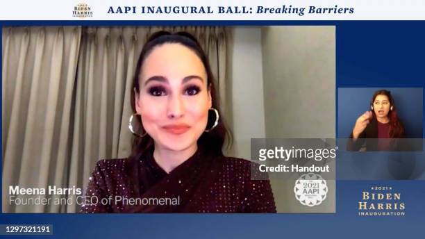 In this screengrab, Founder and Ceo of Phenomenal Meena Harris speaks during the AAPI Inaugural Ball hosted by the Biden Inaugural Committee on...